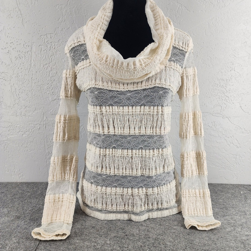 TINY Cream Sheer Lace Ruffle Cowl Neck Long Sleeve Top Cottagecore Womens M